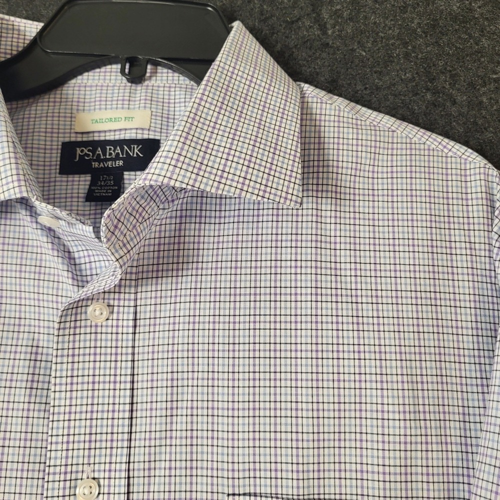Jos A Bank Traveler Dress Shirt Mens 17.5 34/35 Tailored Fit Purple Blue Check